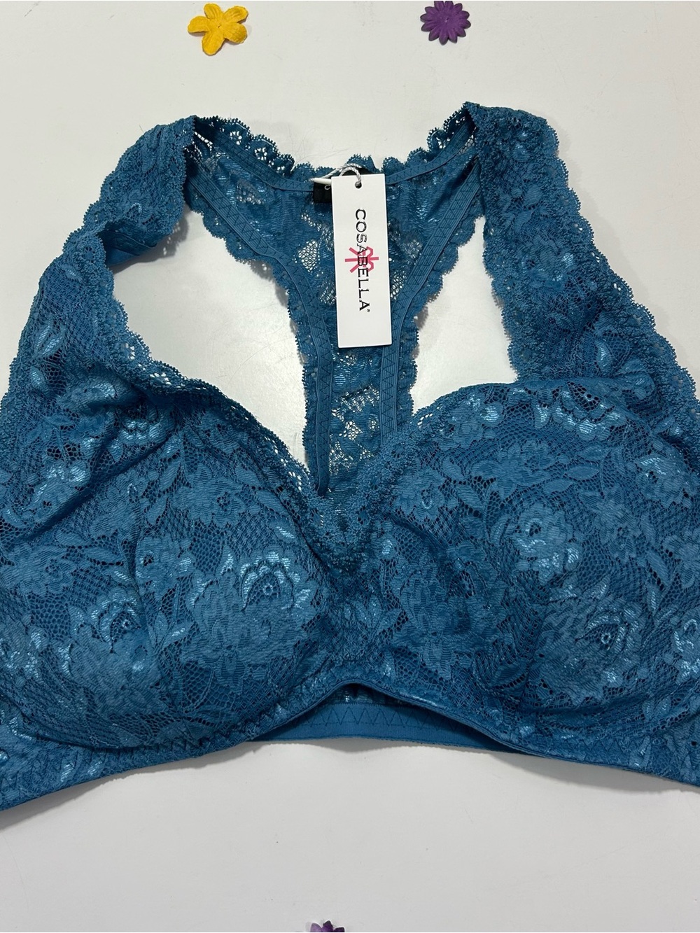 Cosabella Never Say Never Curvy Lined Blue Lace Racerback Bralette L NWT